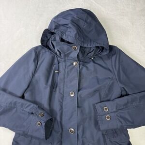 Lands End Jacket Womens Small Blue Hooded Waterproof Lightweight Button Full Zip